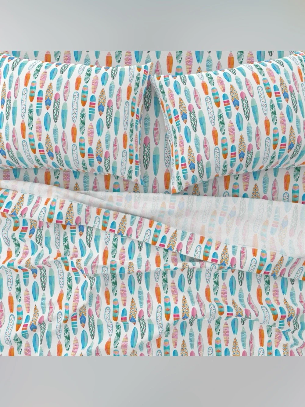 Spoonflower Queen Bed Sheet Set in Surfboards Medium Scale Watercolor Print